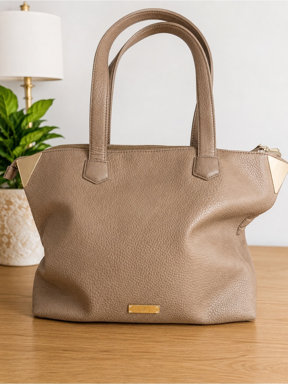 INC International Concepts Taupe Pebbled Faux Leather Zip Tote Shoulder Bag
